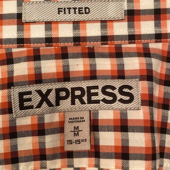 Express Fitted Button Down Dress Shirt Orange Gray White Plaid Size Medium - Picture 1 of 6